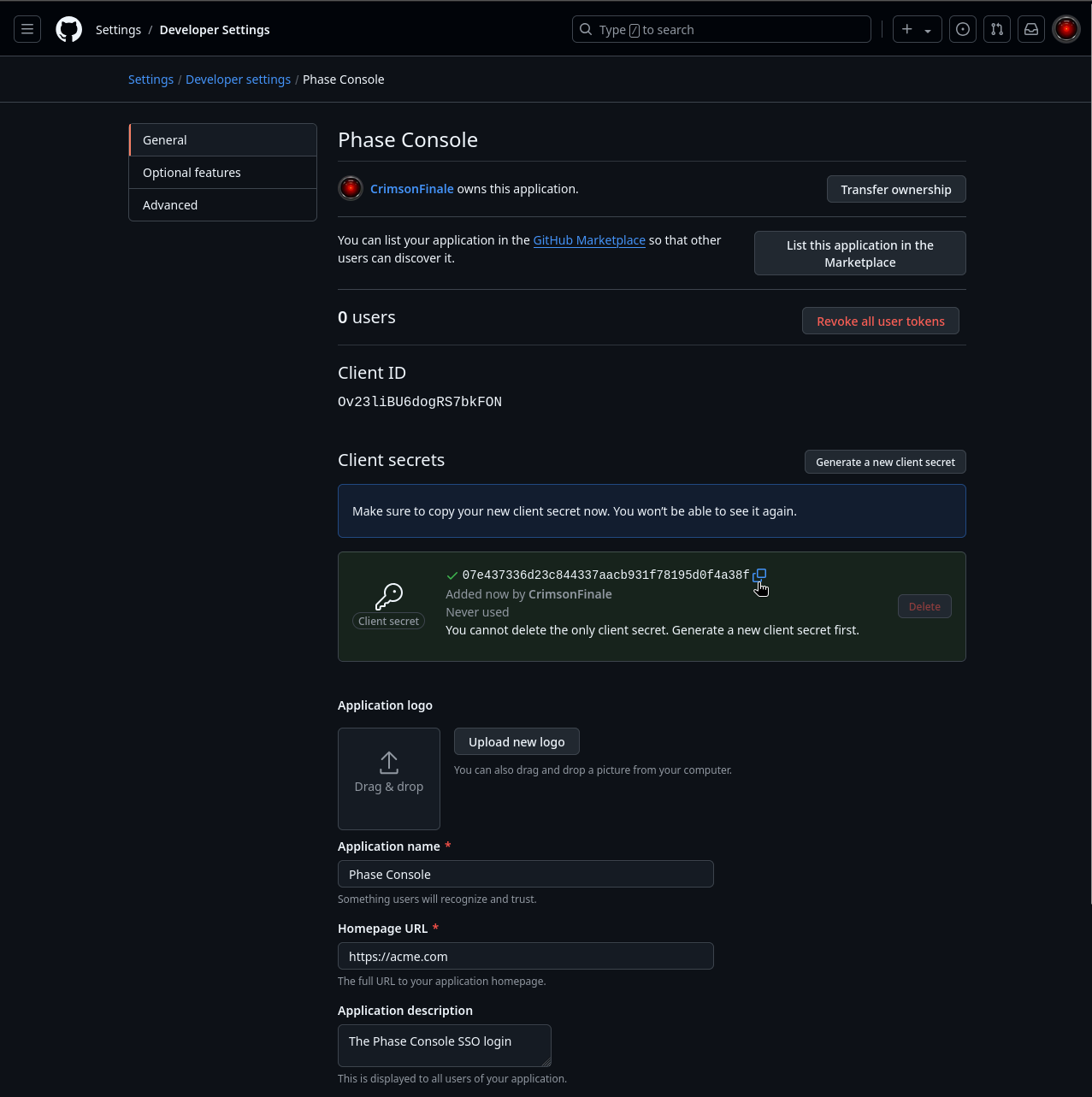 Copy the client ID and client secret