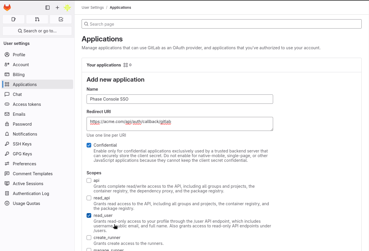 Configure new application