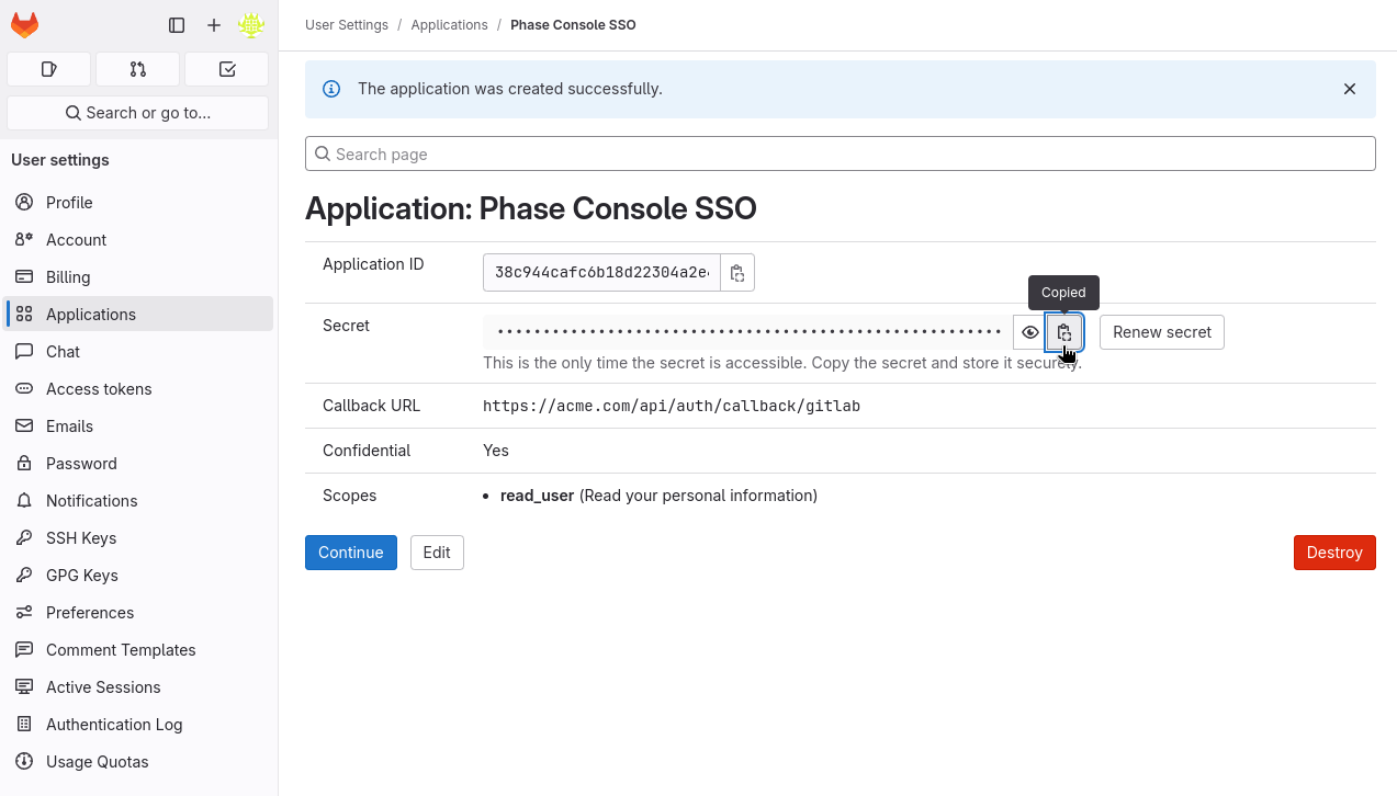 Copy Application ID and Secret