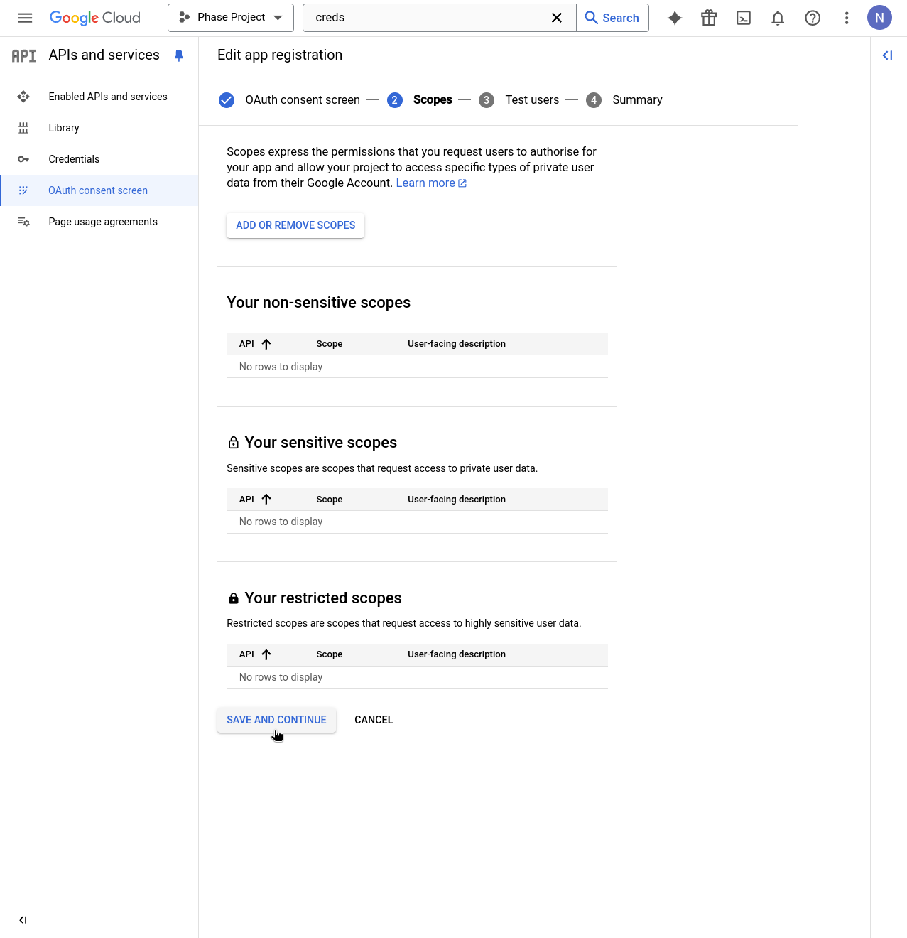Consent screen scope save and continue