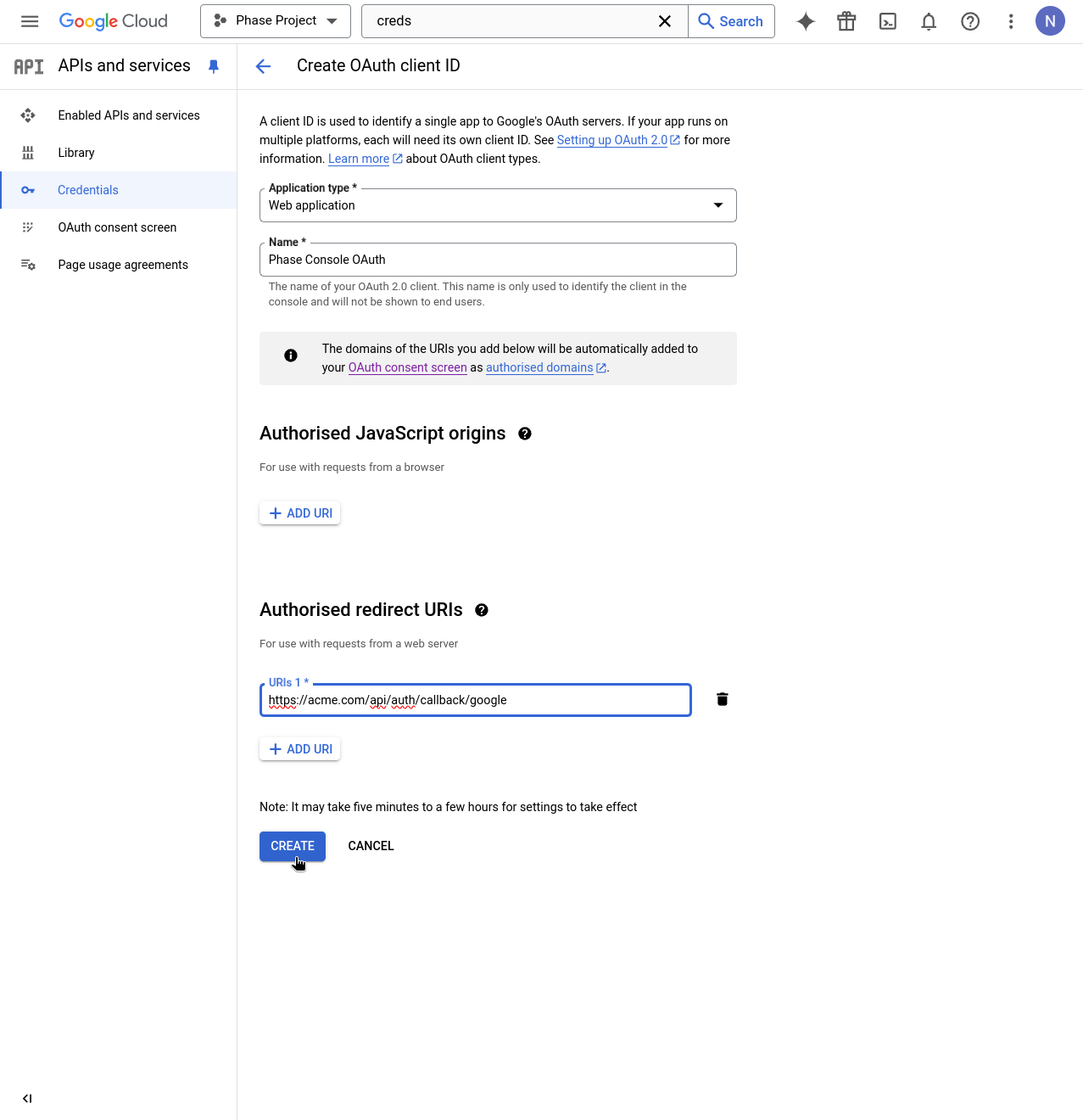 Create OAuth client ID config