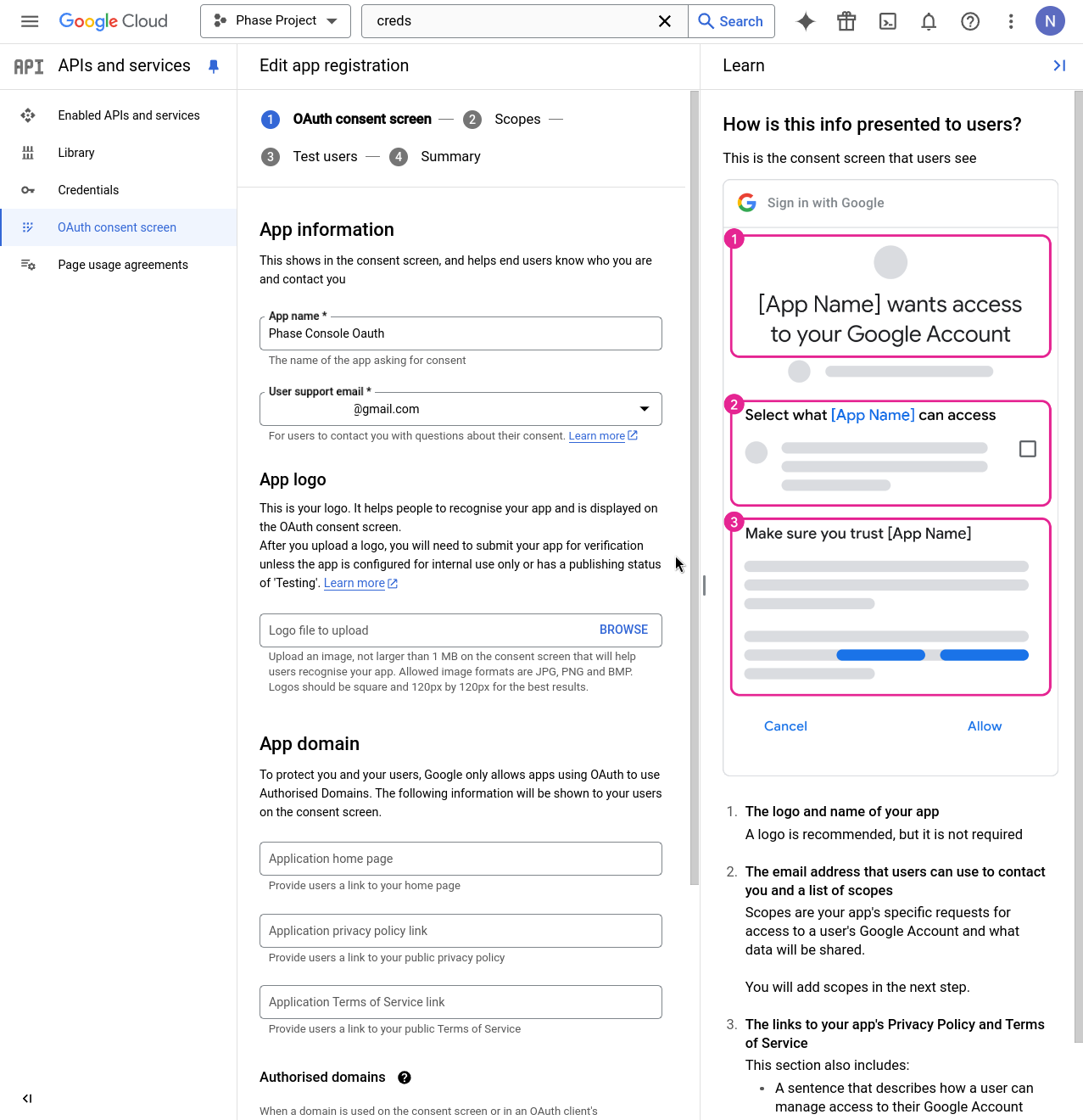 Consent screen app information