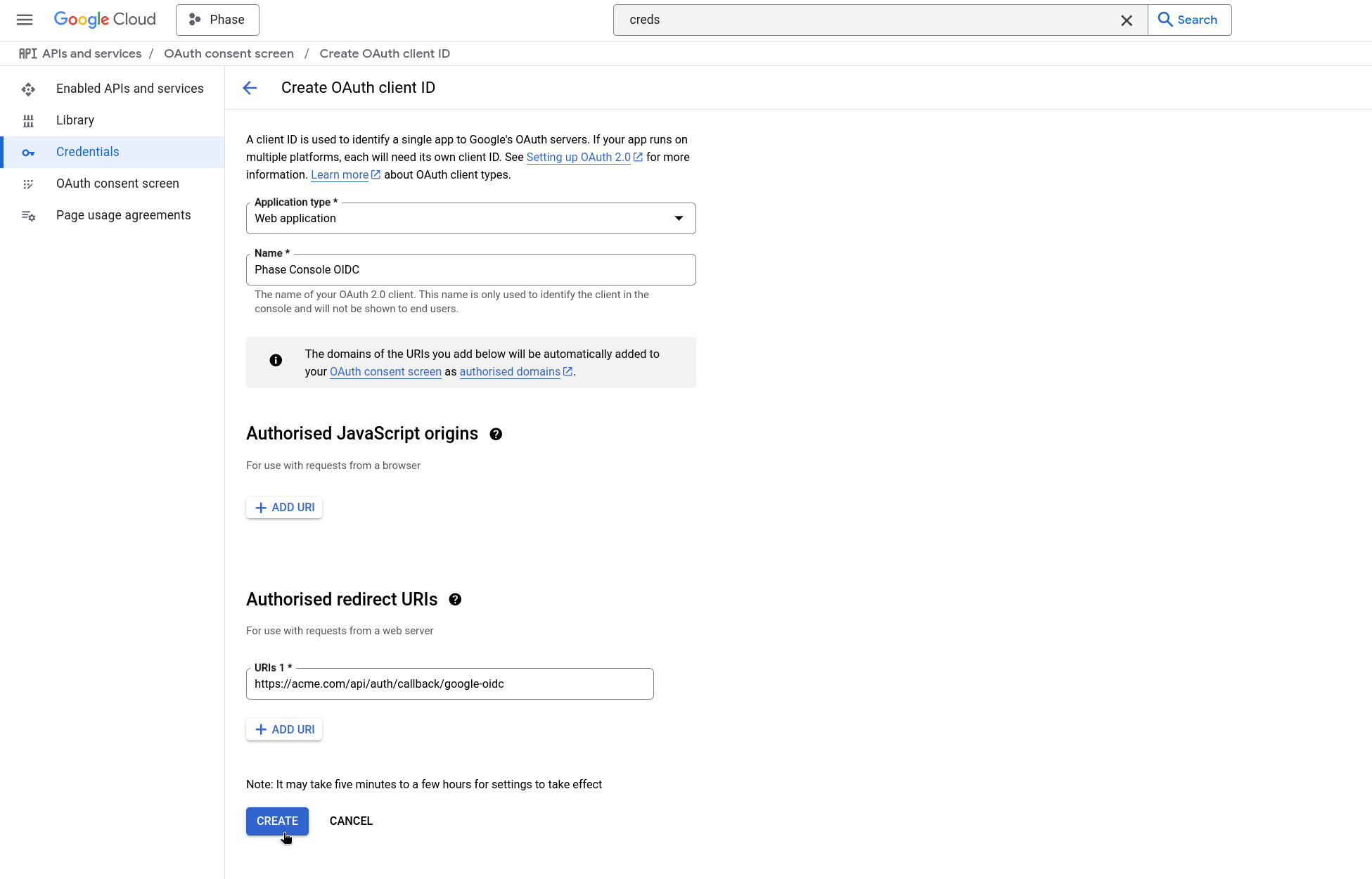 Create OAuth client ID config