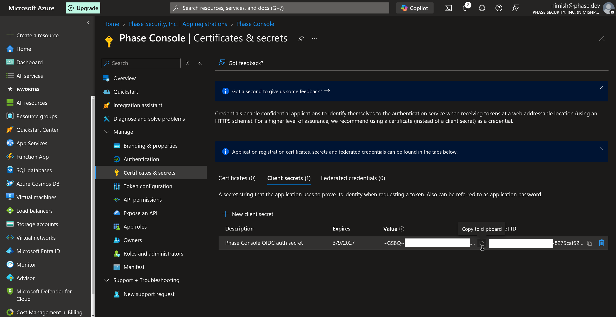 Copy client secret value