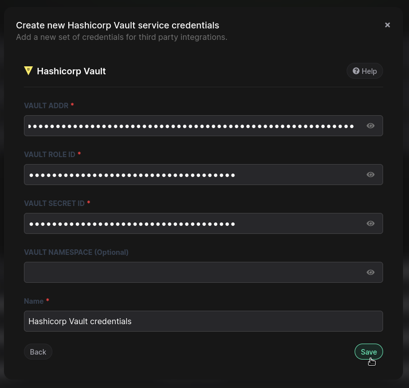 Input Vault credentials
